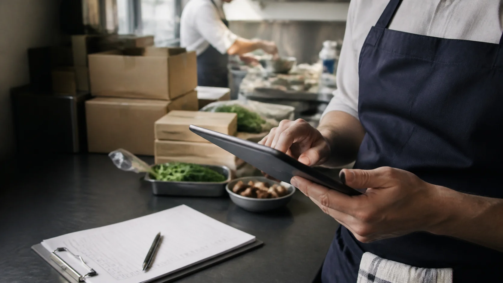 Restaurangansvarig som lägger en grossistorder på surfplatta i köket
